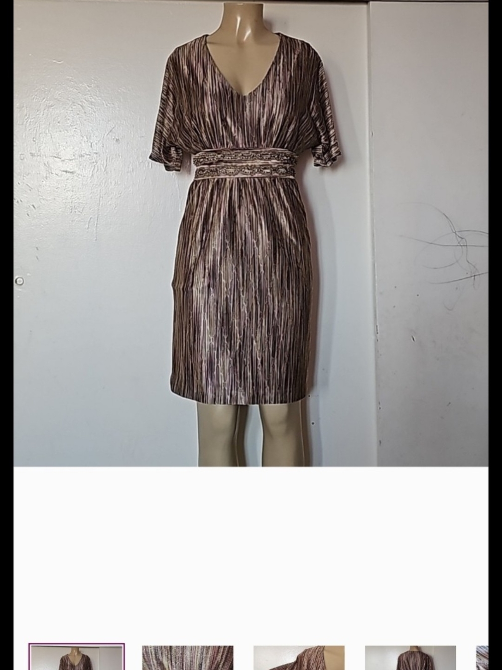 Peter Nygard Brown Striped V-Neck Midi Dress